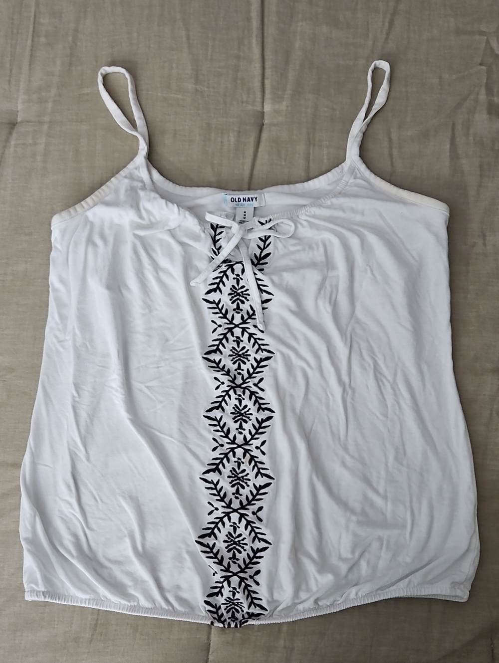 Old Navy White Spaghetti Strap Tank with Black Embroidery